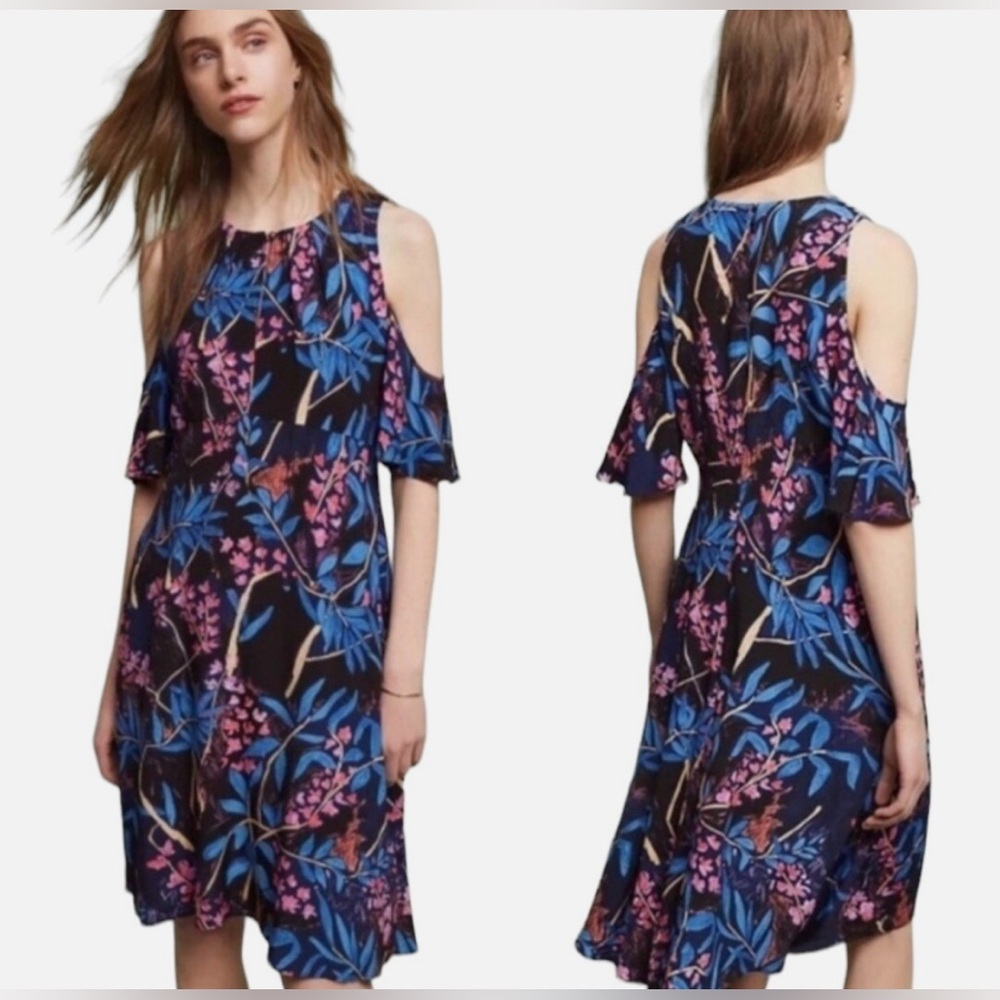 Maeve Anthropologie Elia Cold Open Shoulder Dress Floral Dress Black Blue Sz 10